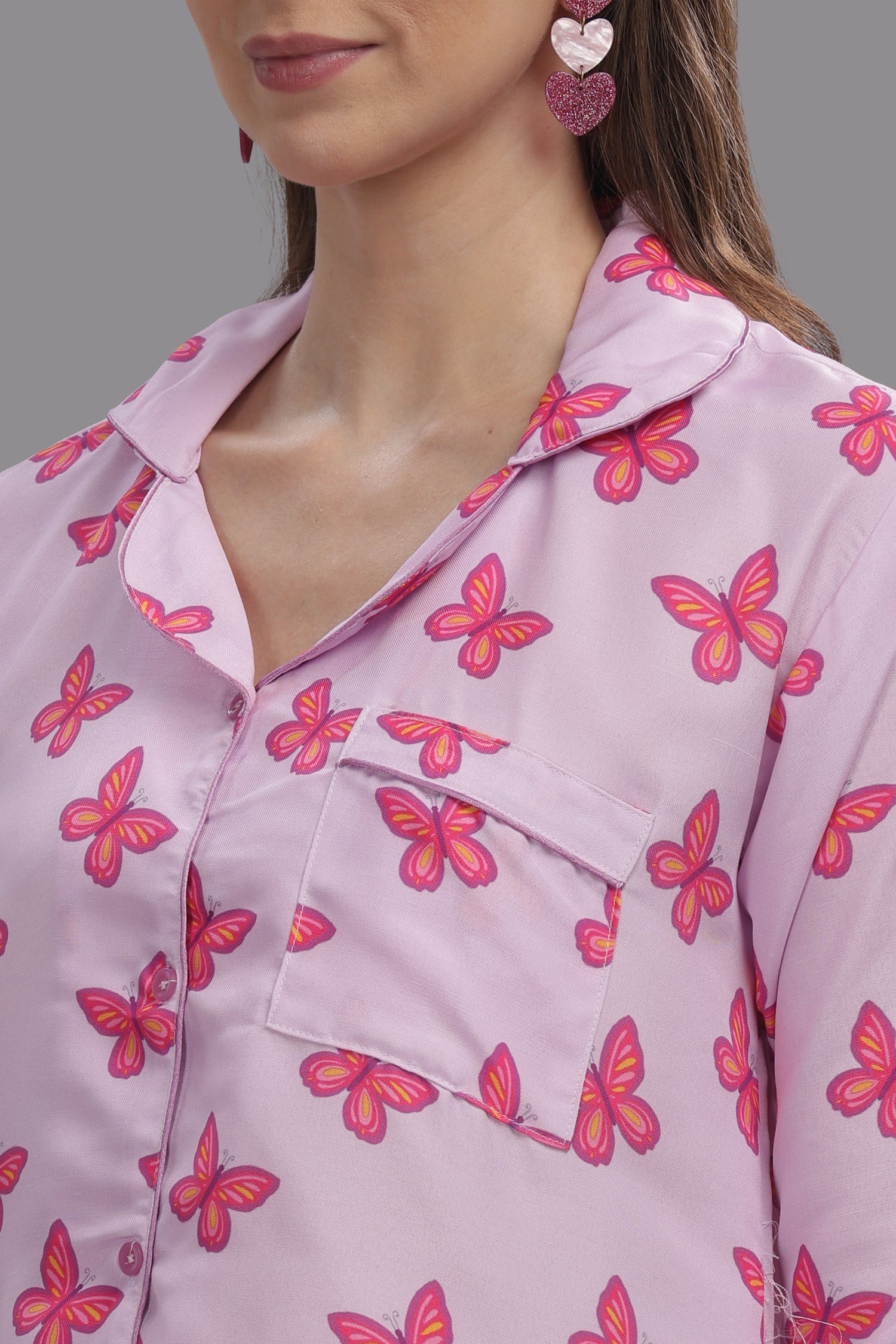 Butterfly Button Down Pj Set - Cotton Rayon Pj Set with Notched Collar