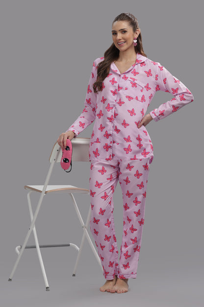 Butterfly Button Down Pj Set - Cotton Rayon Pj Set with Notched Collar