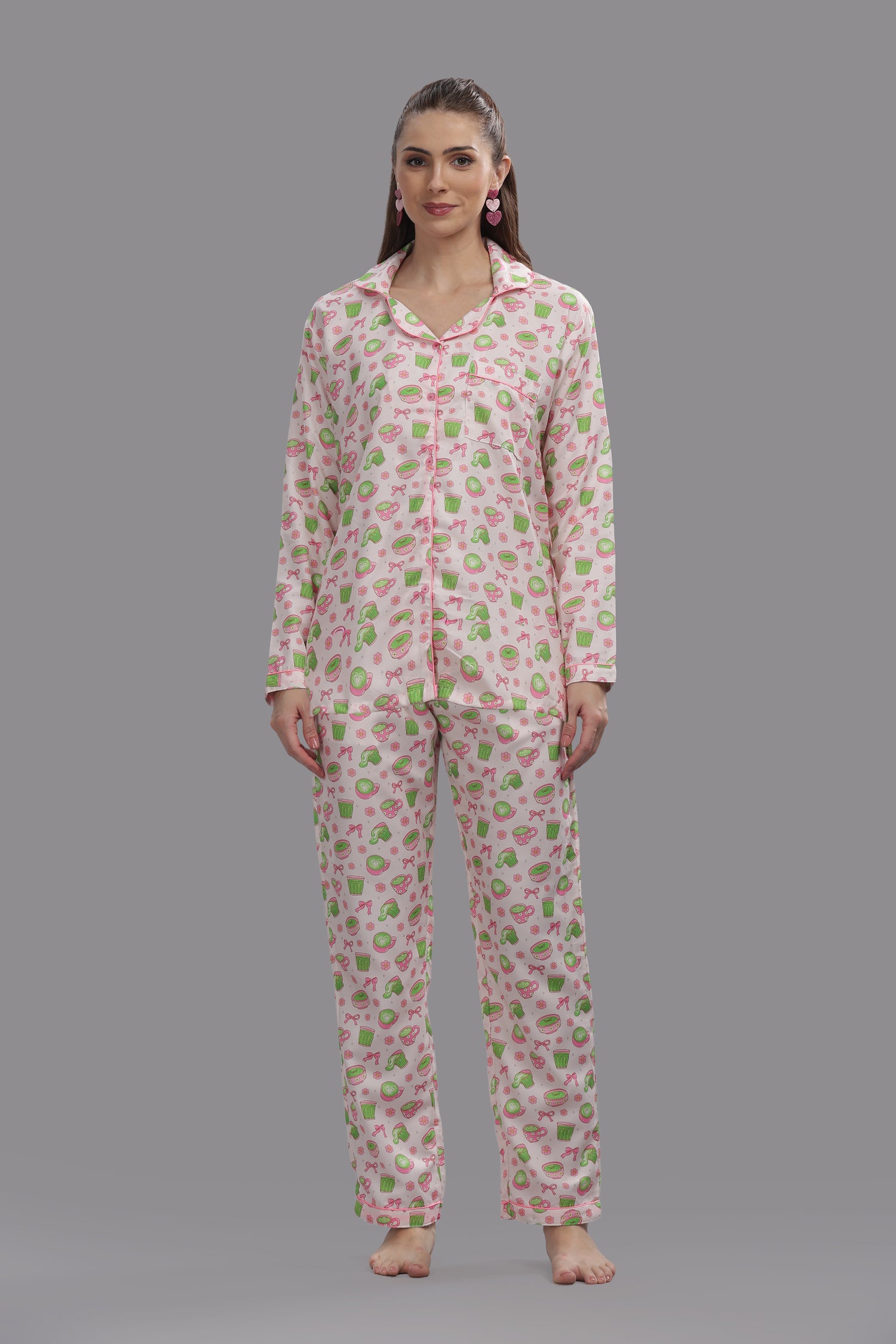 Matcha Button Down Pj Set - Cotton Rayon Pj Set with Notched Collar