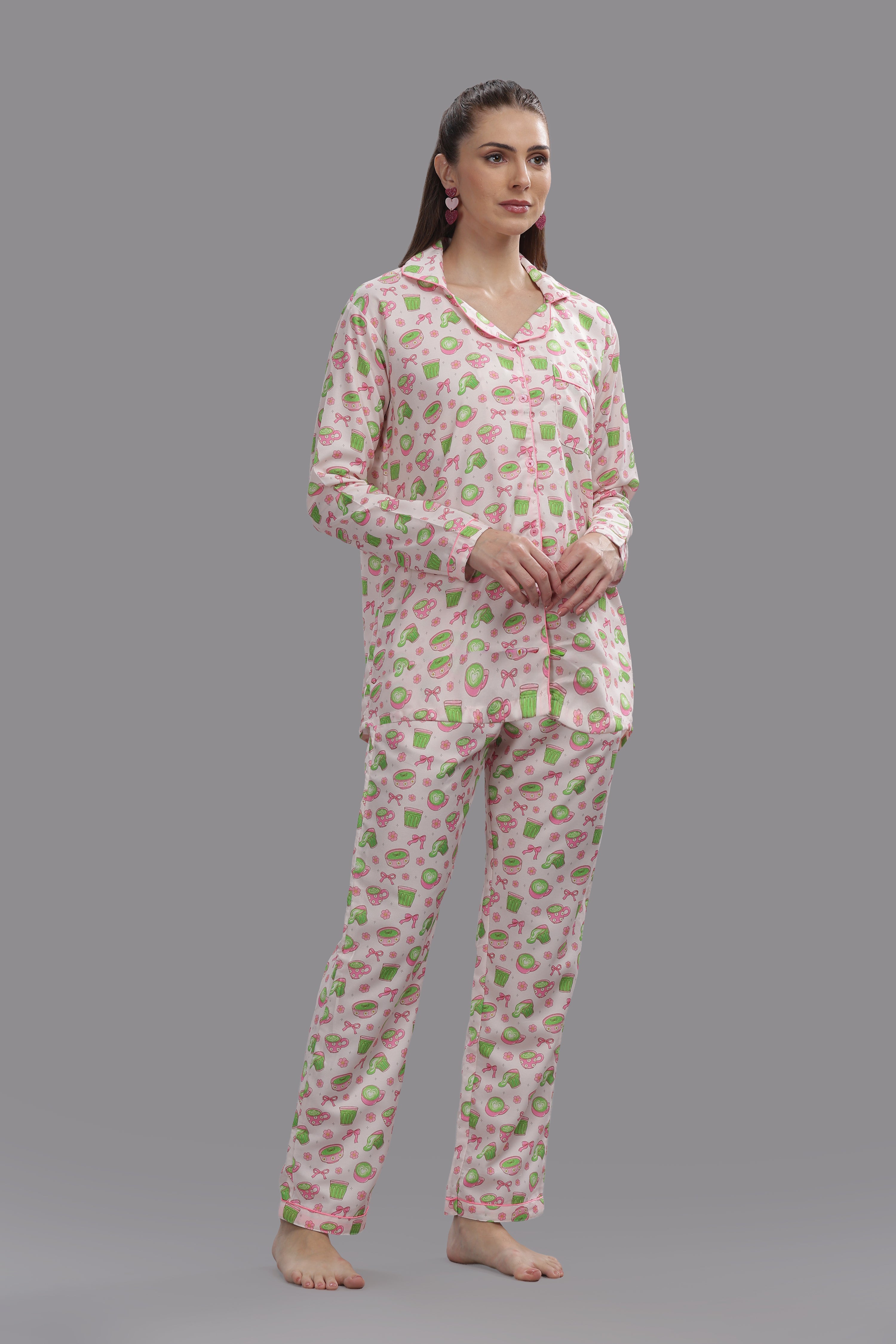 Matcha Button Down Pj Set - Cotton Rayon Pj Set with Notched Collar