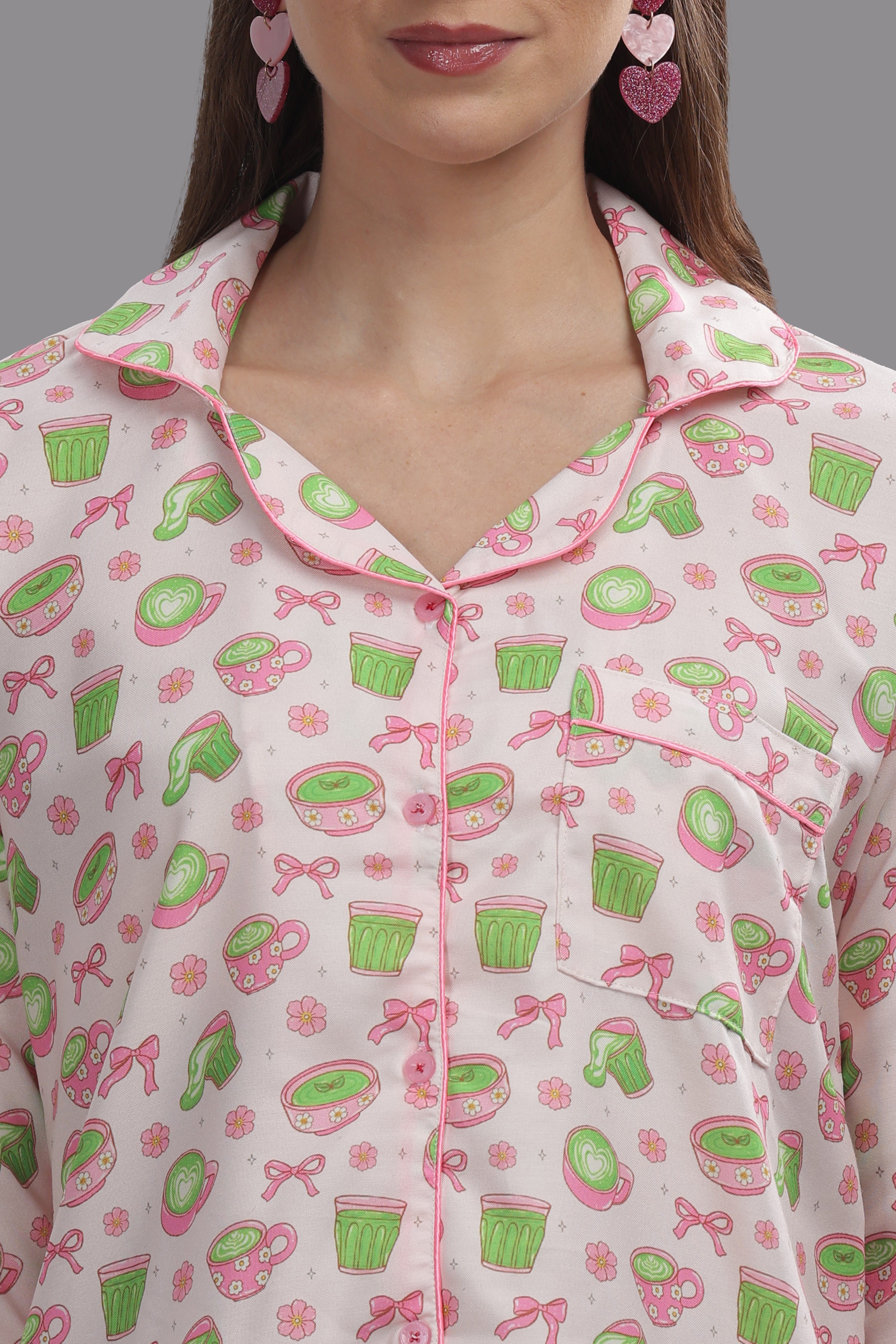 Matcha Button Down Pj Set - Cotton Rayon Pj Set with Notched Collar