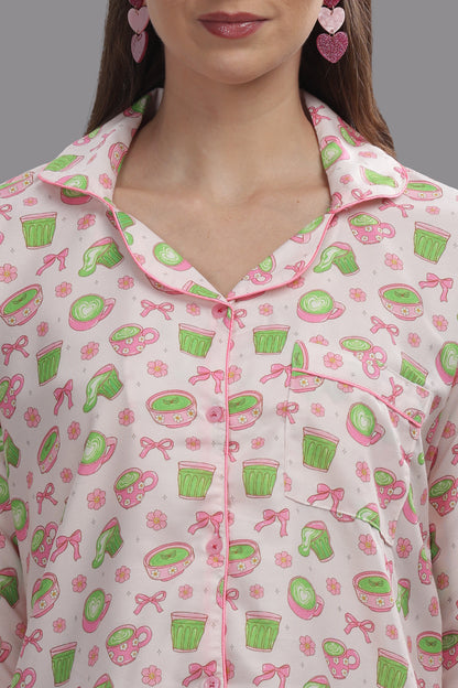 Matcha Button Down Pj Set - Cotton Rayon Pj Set with Notched Collar
