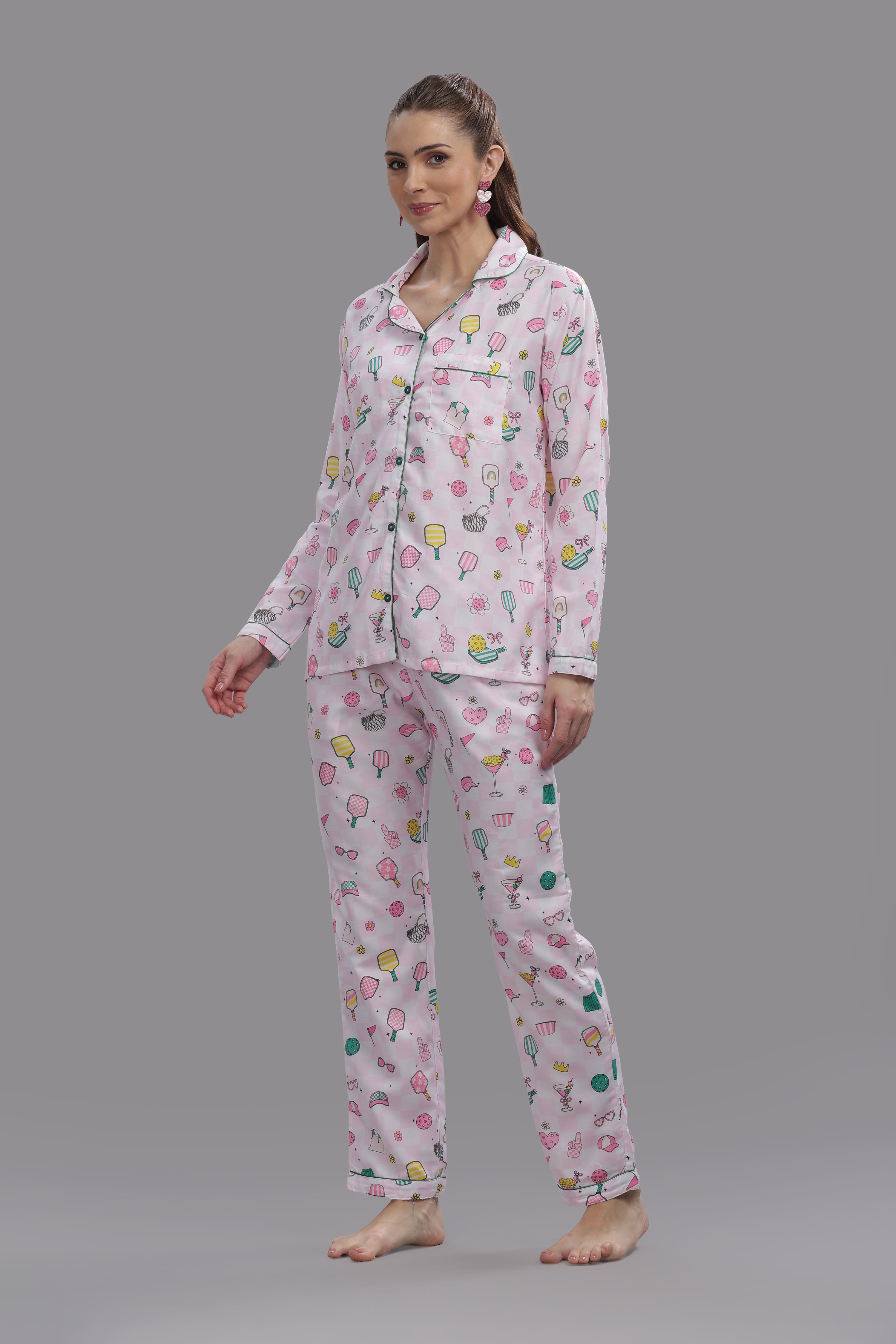 Pickleball Button Down Pj Set - Cotton Rayon Pj Set with Notched Collar