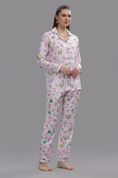 Pickleball Button Down Pj Set - Cotton Rayon Pj Set with Notched Collar