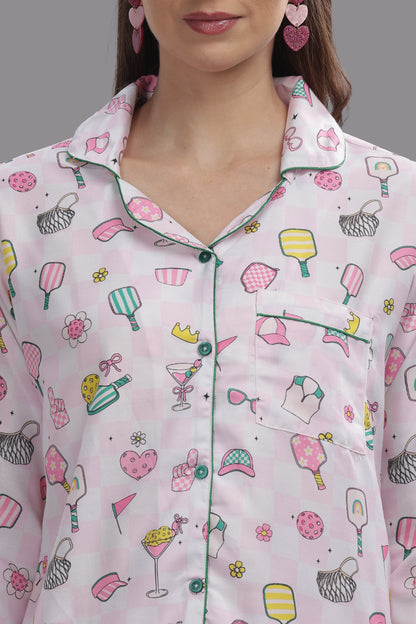 Pickleball Button Down Pj Set - Cotton Rayon Pj Set with Notched Collar