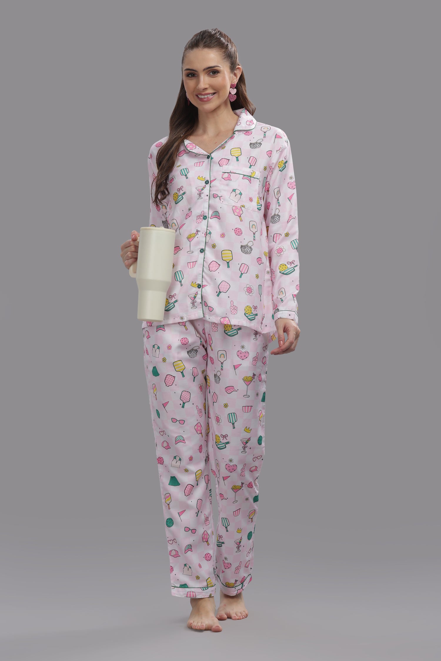 Pickleball Button Down Pj Set - Cotton Rayon Pj Set with Notched Collar