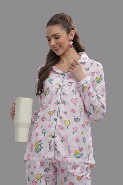 Pickleball Button Down Pj Set - Cotton Rayon Pj Set with Notched Collar