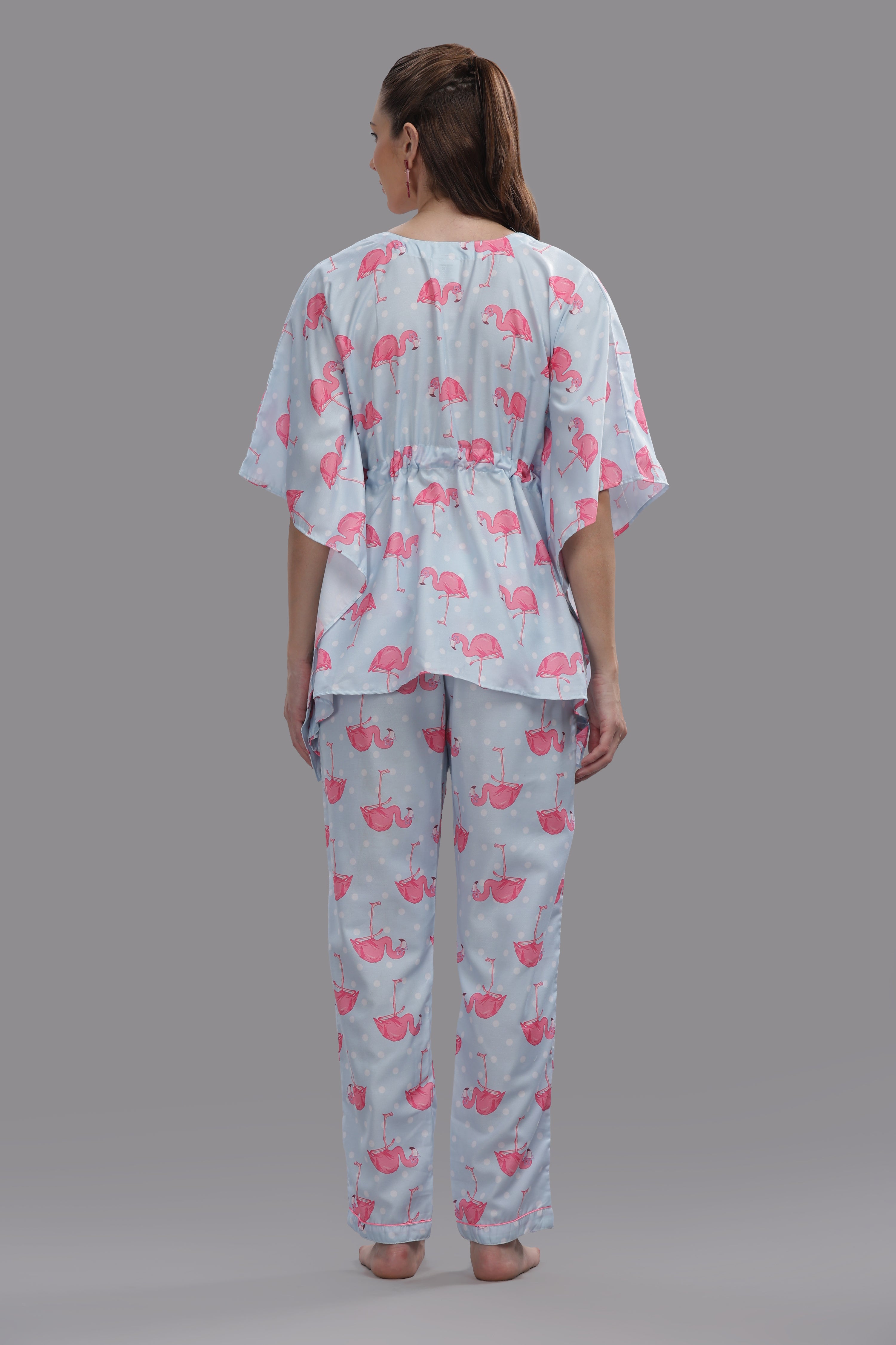 Flamingo and Dots Kaftan Pj Set - Cotton Rayon Pj Set in Kaftan Style