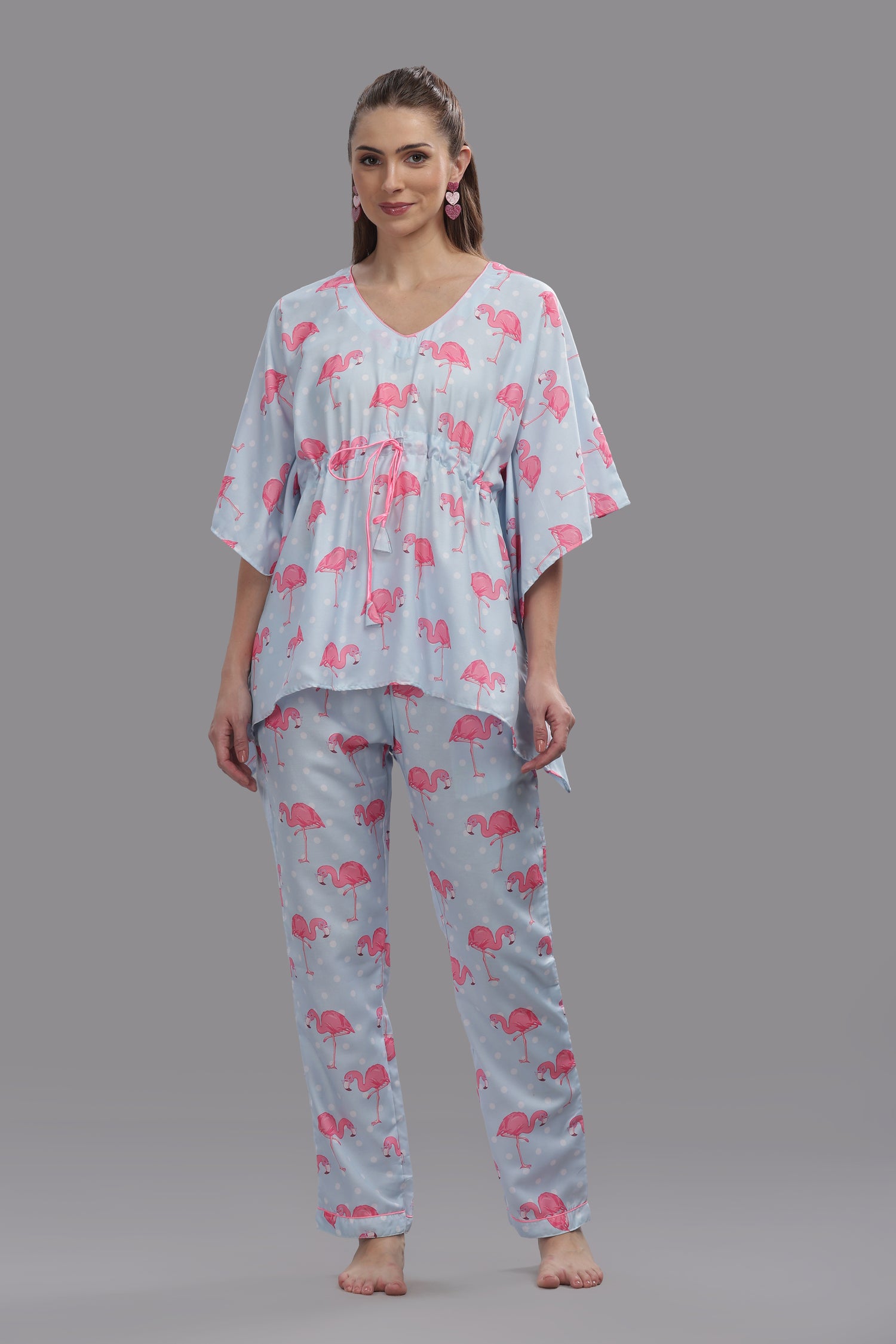 Flamingo and Dots Kaftan Pj Set - Cotton Rayon Pj Set in Kaftan Style