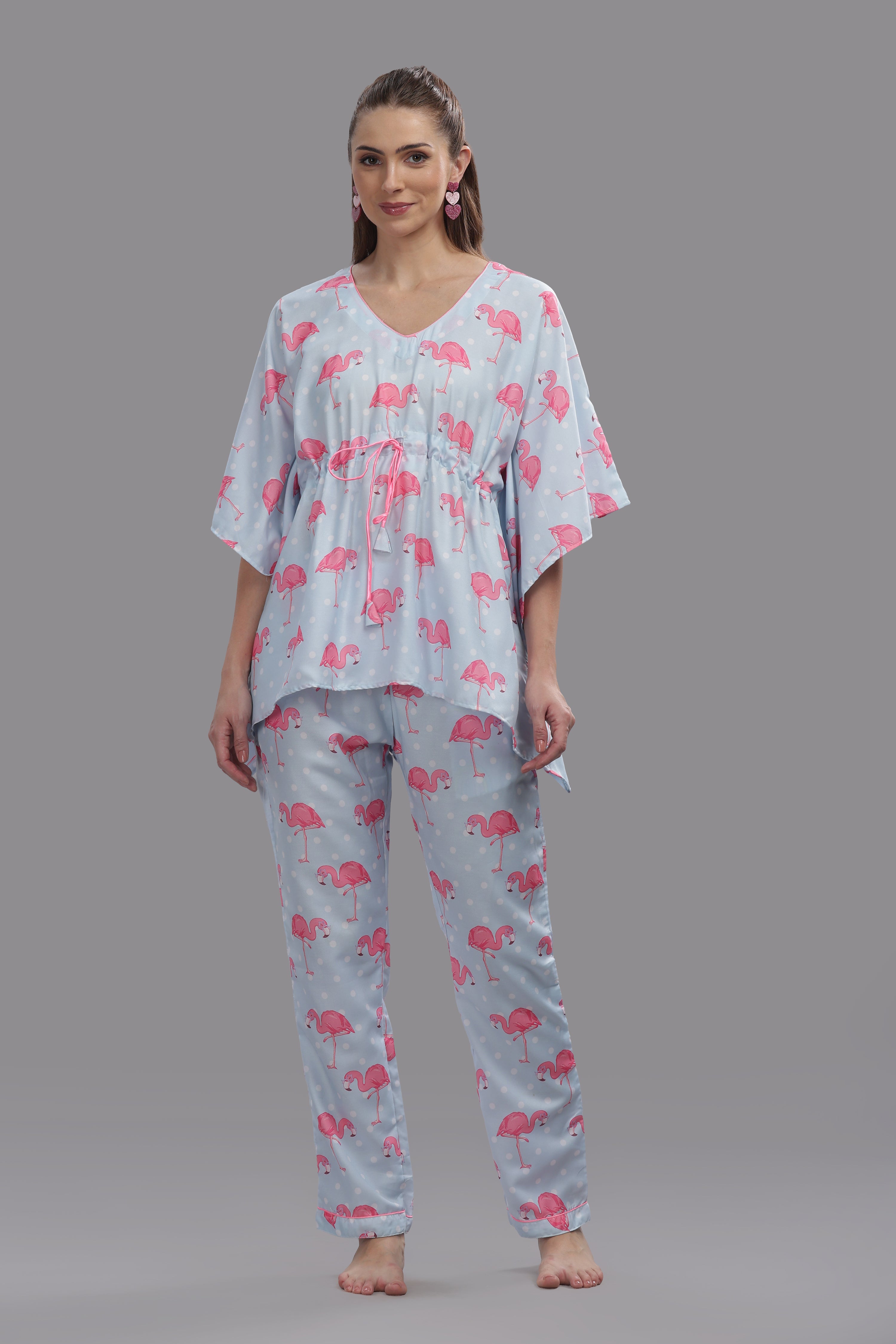 Flamingo and Dots Kaftan Pj Set - Cotton Rayon Pj Set in Kaftan Style
