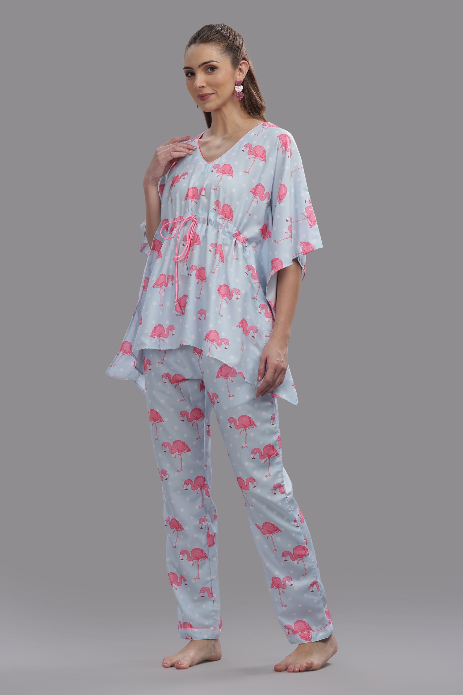 Flamingo and Dots Kaftan Pj Set - Cotton Rayon Pj Set in Kaftan Style