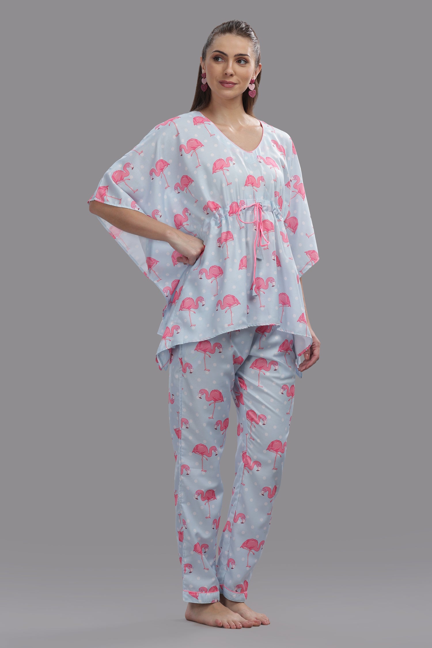 Flamingo and Dots Kaftan Pj Set - Cotton Rayon Pj Set in Kaftan Style