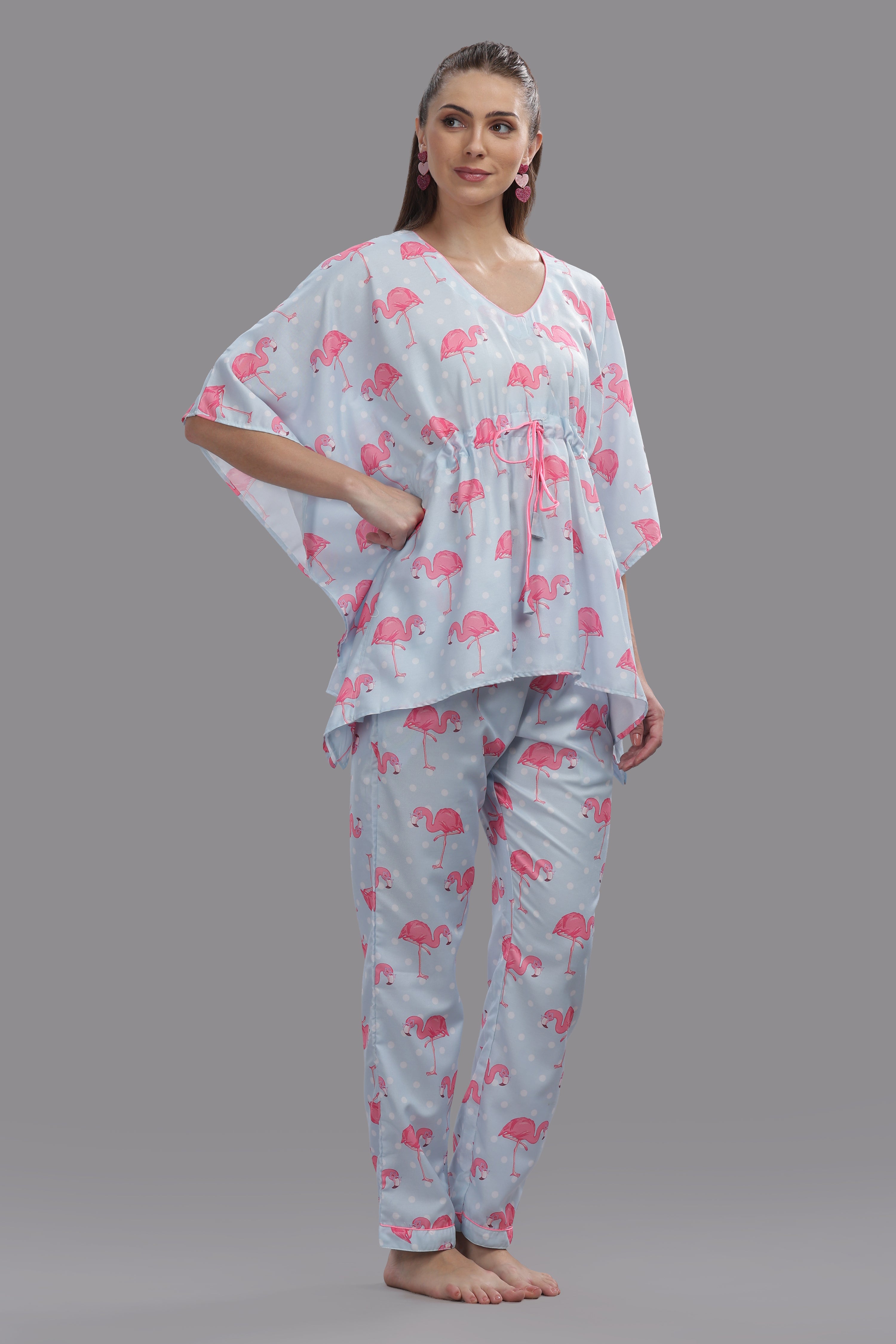 Flamingo and Dots Kaftan Pj Set - Cotton Rayon Pj Set in Kaftan Style