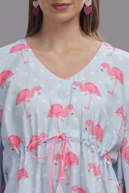 Flamingo and Dots Kaftan Pj Set - Cotton Rayon Pj Set in Kaftan Style
