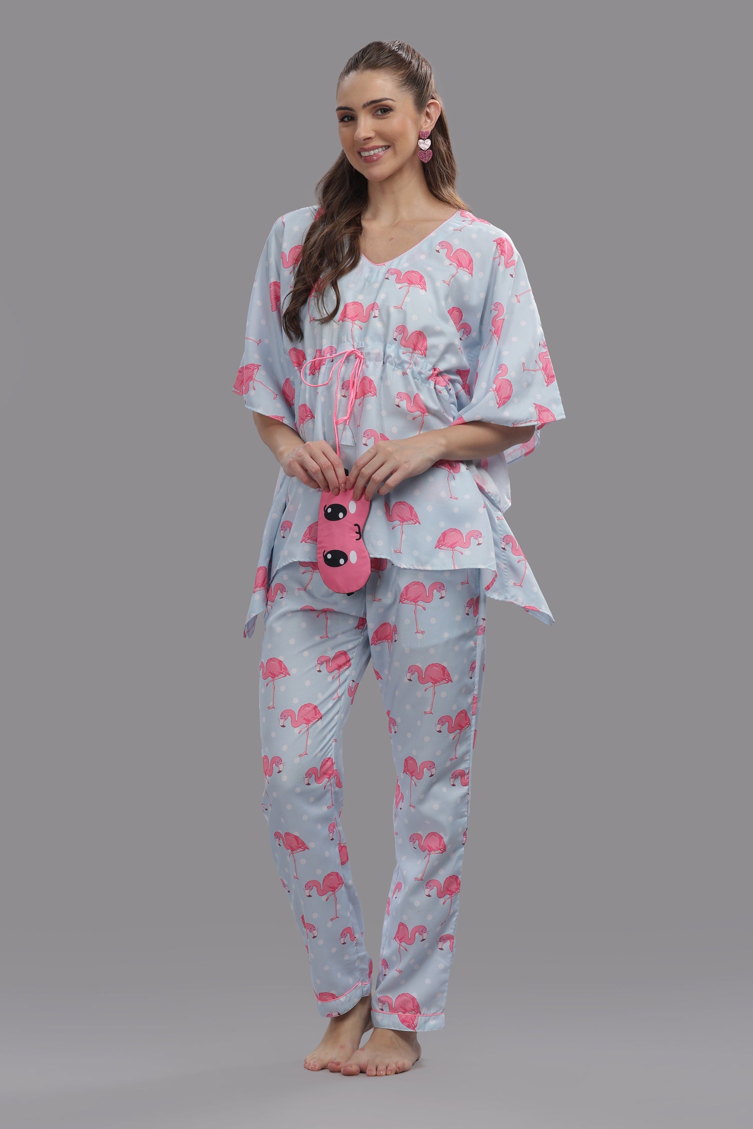 Flamingo and Dots Kaftan Pj Set - Cotton Rayon Pj Set in Kaftan Style