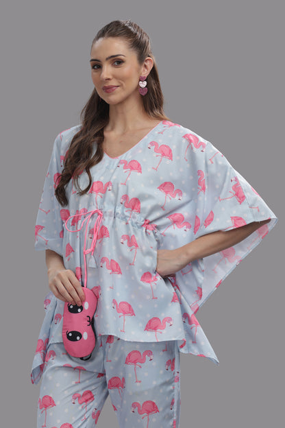 Flamingo and Dots Kaftan Pj Set - Cotton Rayon Pj Set in Kaftan Style