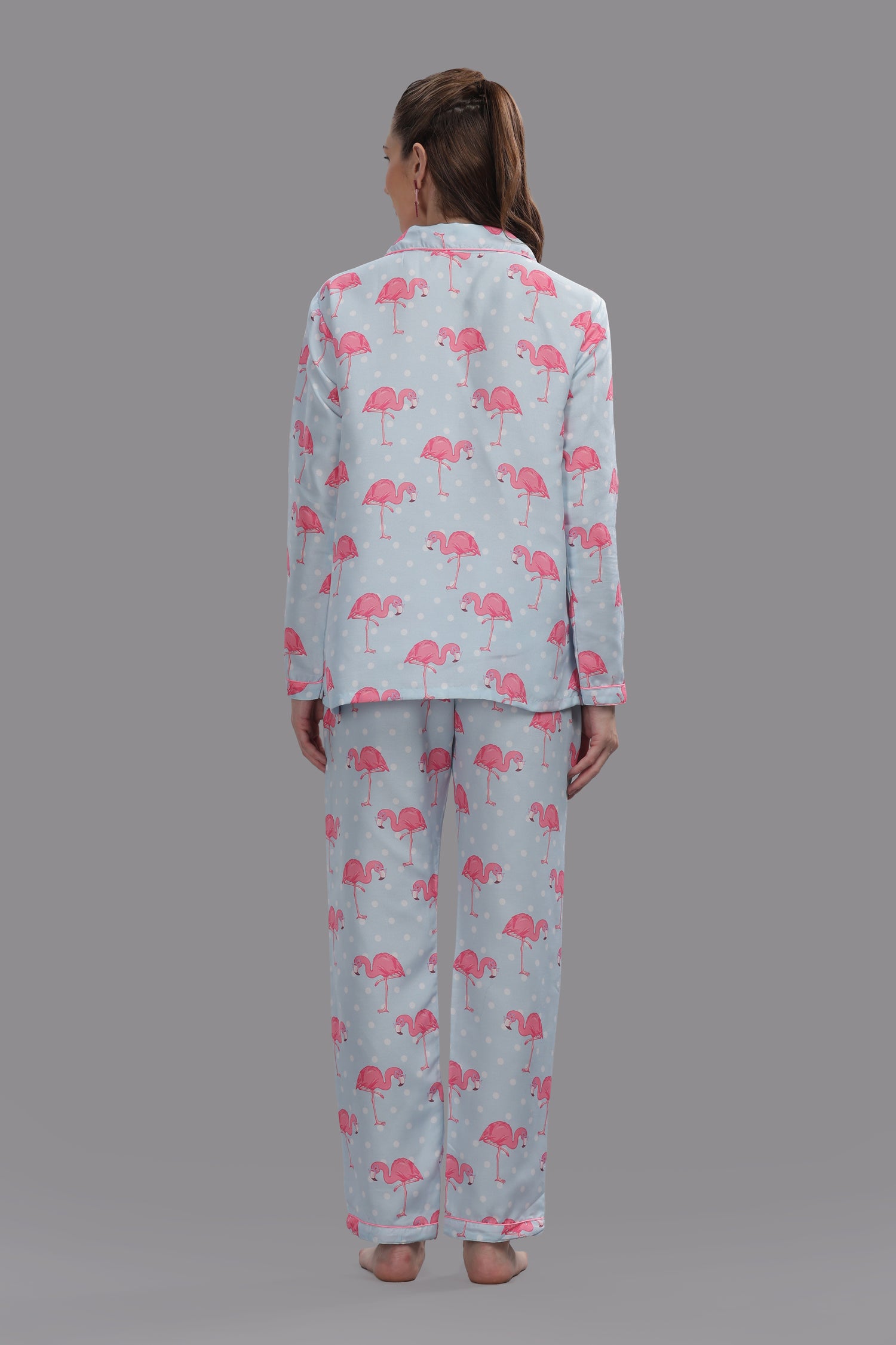 Flamingo &amp; Dots Button Down Pj Set - Cotton Rayon Pj Set with Notched Collar
