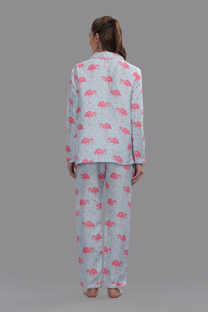 Flamingo &amp; Dots Button Down Pj Set - Cotton Rayon Pj Set with Notched Collar