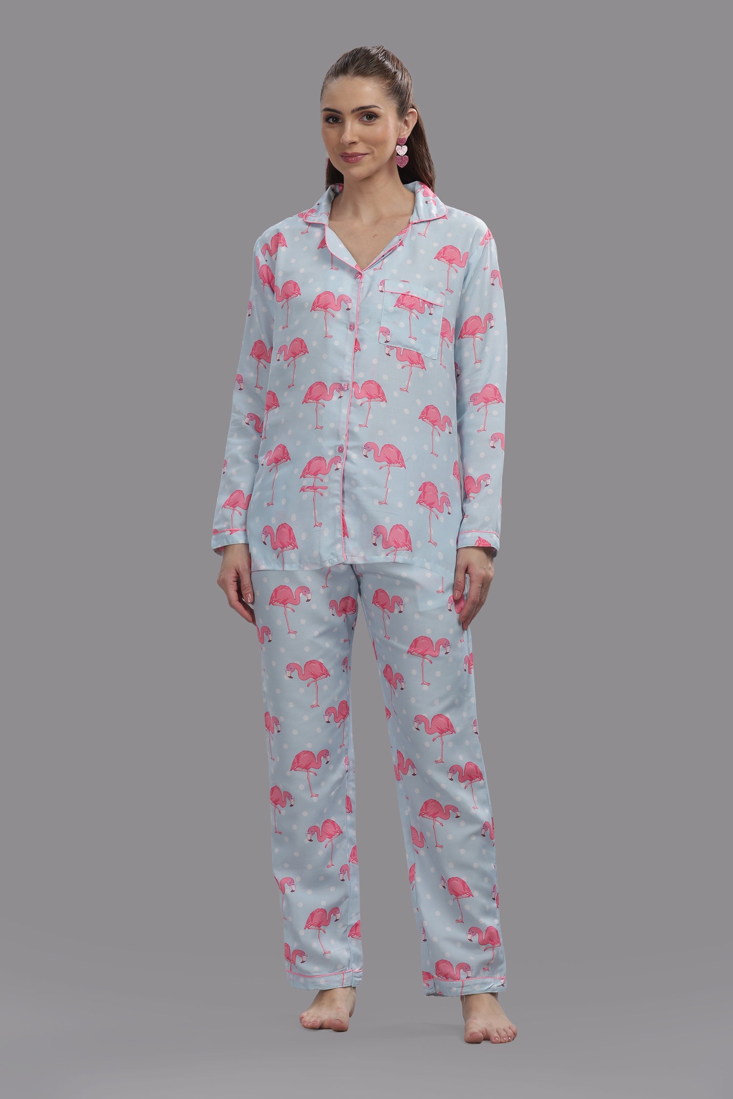 Flamingo &amp; Dots Button Down Pj Set - Cotton Rayon Pj Set with Notched Collar