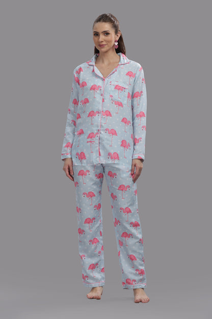 Flamingo &amp; Dots Button Down Pj Set - Cotton Rayon Pj Set with Notched Collar