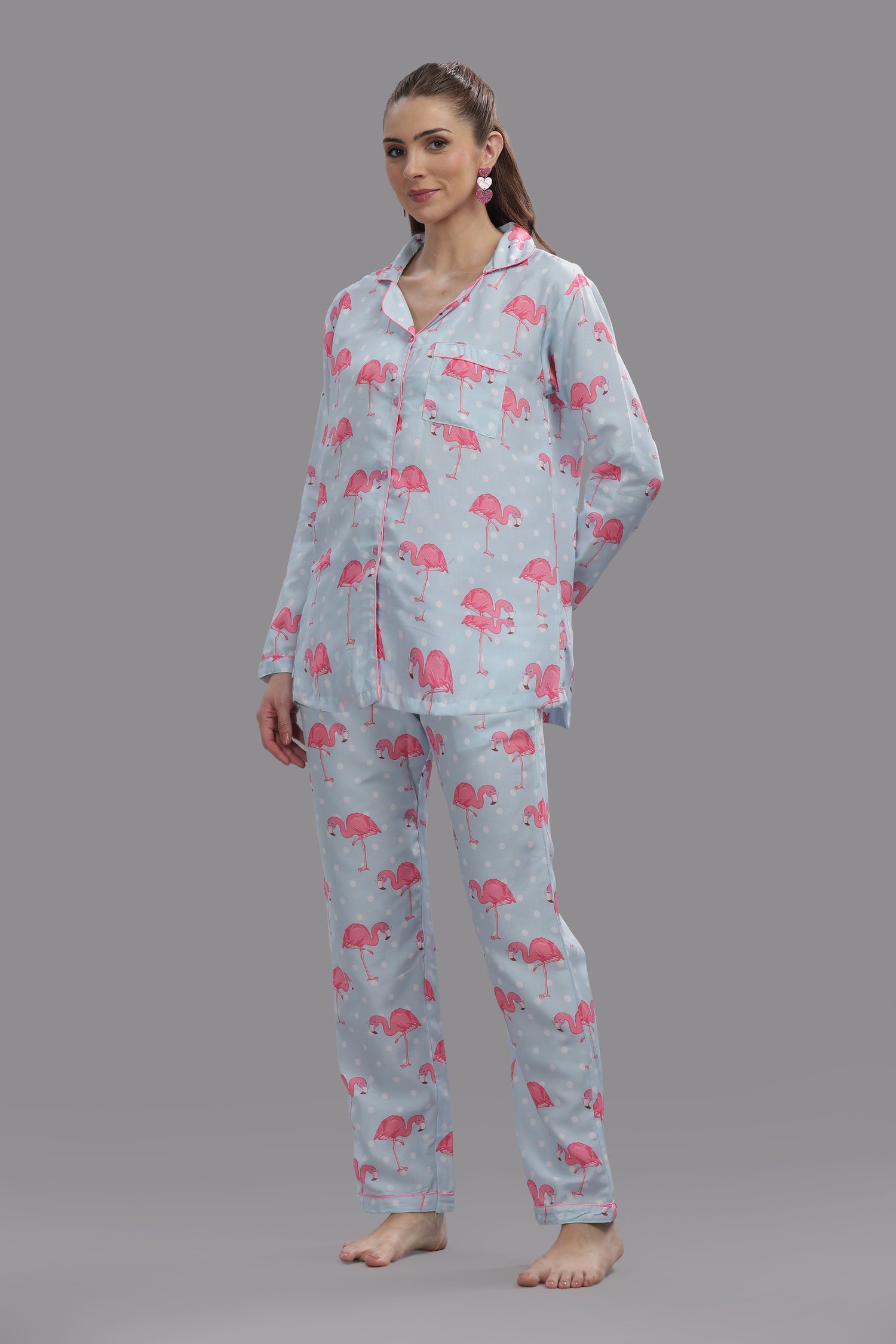 Flamingo &amp; Dots Button Down Pj Set - Cotton Rayon Pj Set with Notched Collar