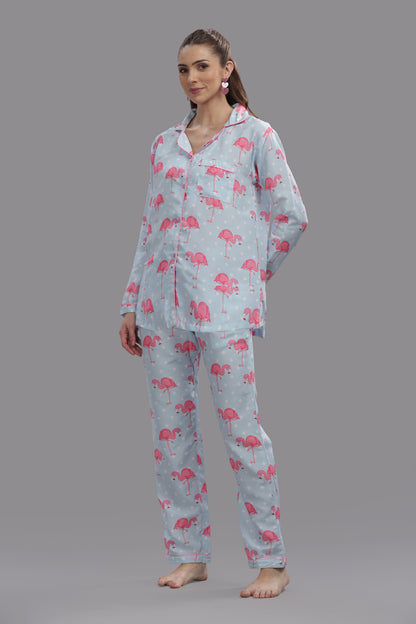 Flamingo &amp; Dots Button Down Pj Set - Cotton Rayon Pj Set with Notched Collar