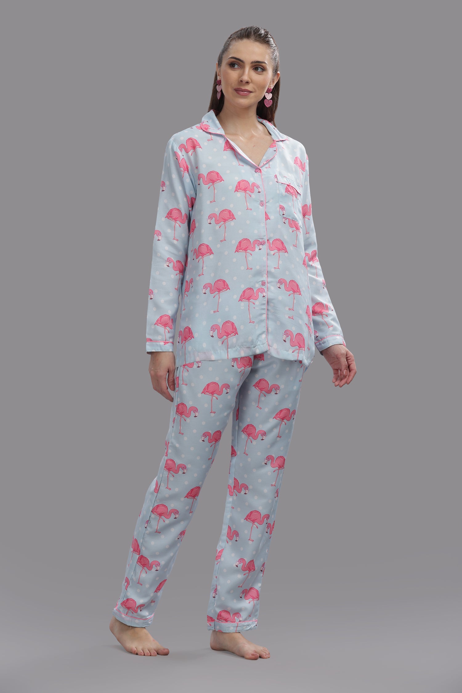 Flamingo &amp; Dots Button Down Pj Set - Cotton Rayon Pj Set with Notched Collar