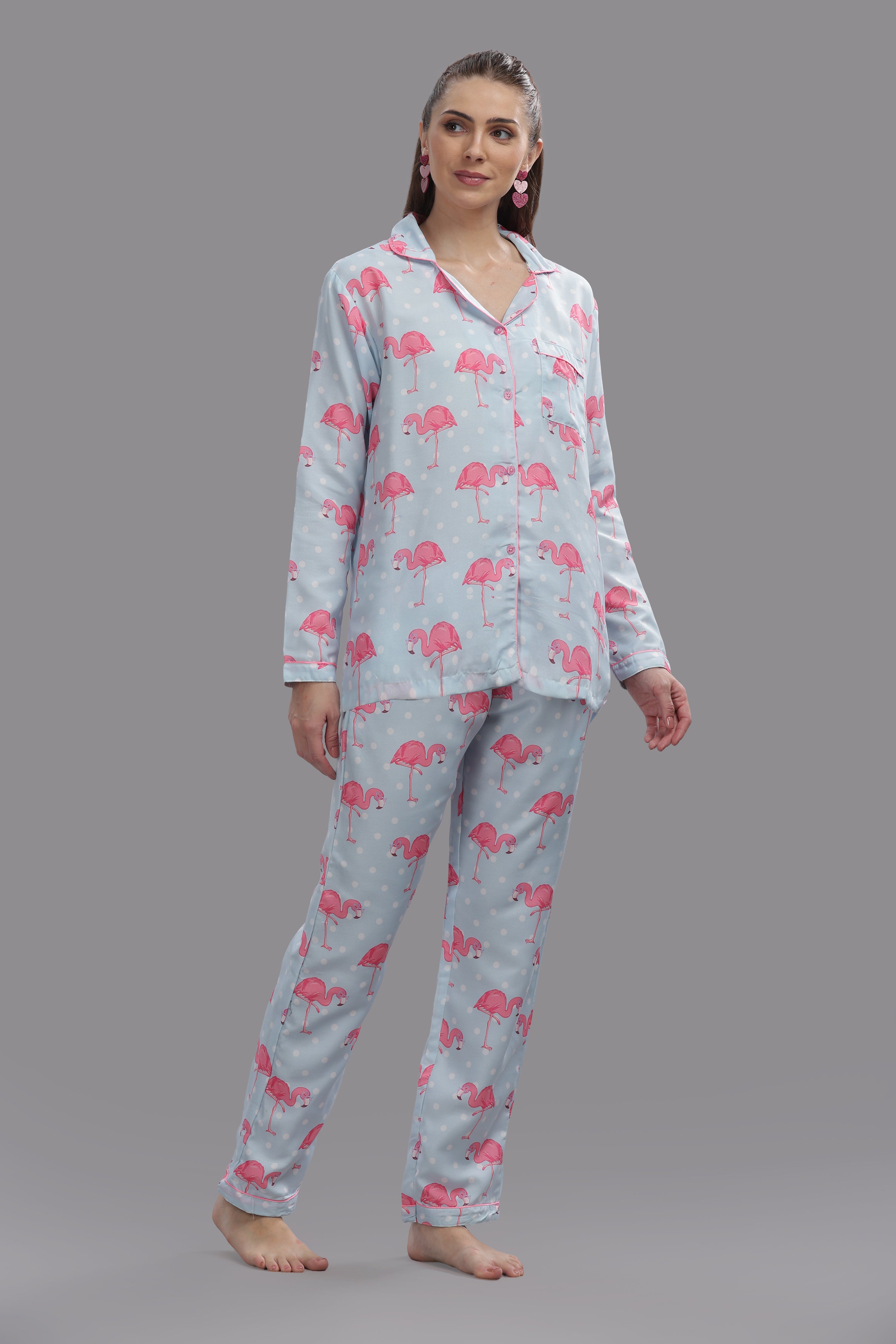 Flamingo &amp; Dots Button Down Pj Set - Cotton Rayon Pj Set with Notched Collar