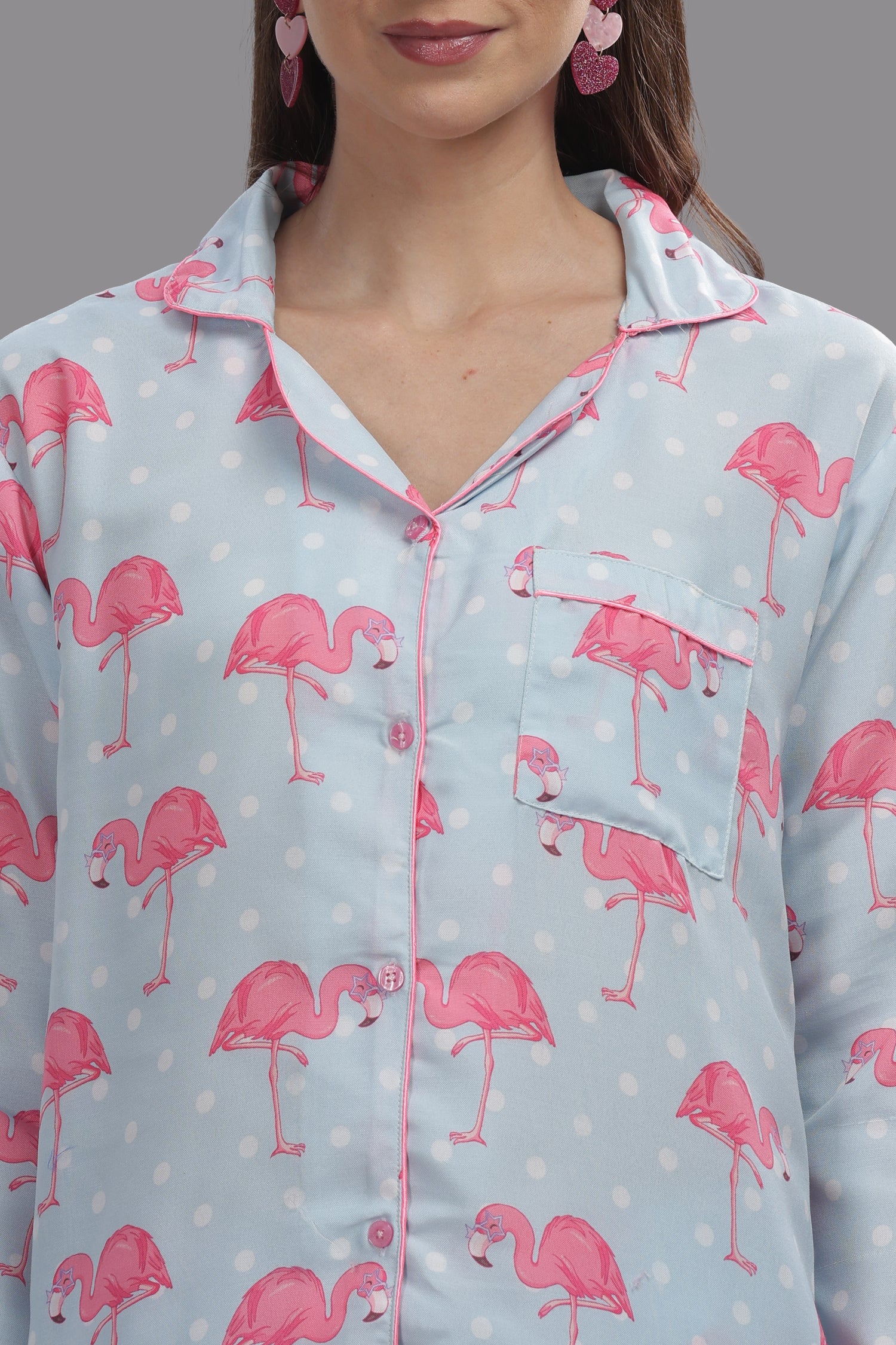 Flamingo &amp; Dots Button Down Pj Set - Cotton Rayon Pj Set with Notched Collar