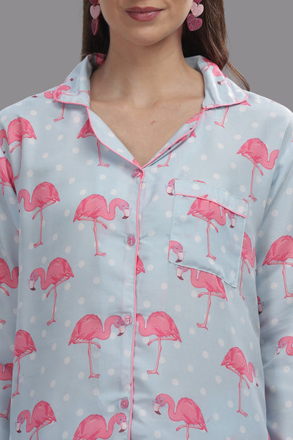 Flamingo &amp; Dots Button Down Pj Set - Cotton Rayon Pj Set with Notched Collar