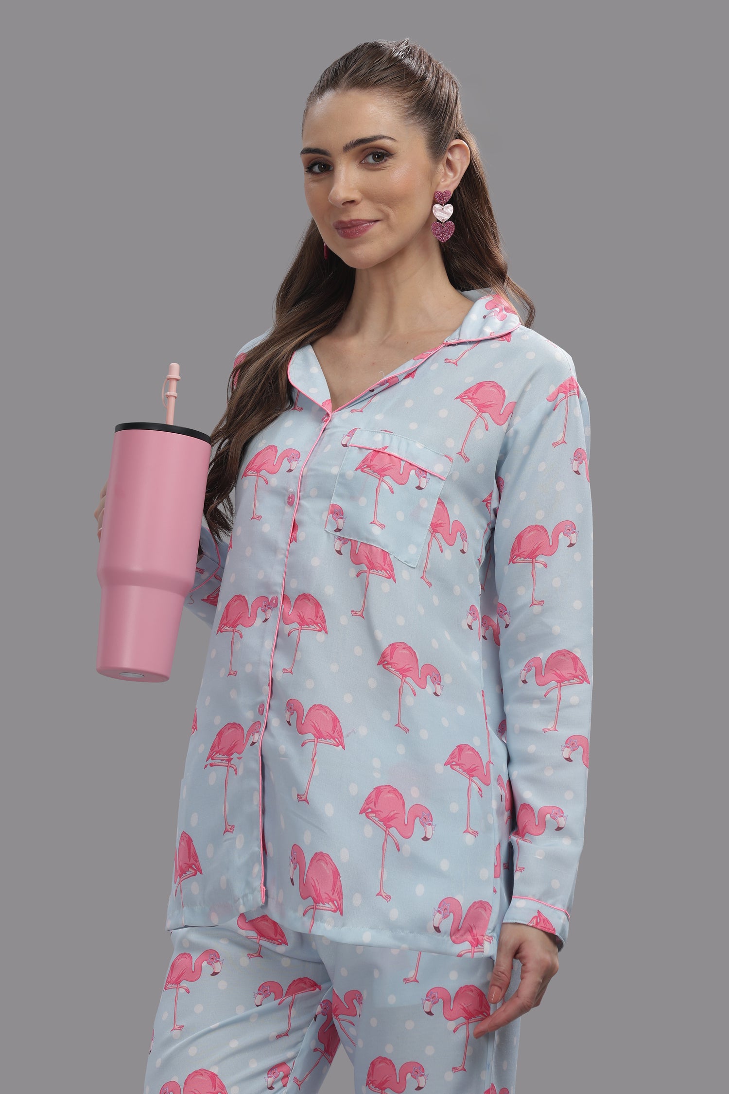 Flamingo &amp; Dots Button Down Pj Set - Cotton Rayon Pj Set with Notched Collar