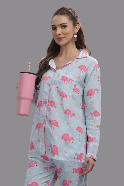 Flamingo &amp; Dots Button Down Pj Set - Cotton Rayon Pj Set with Notched Collar