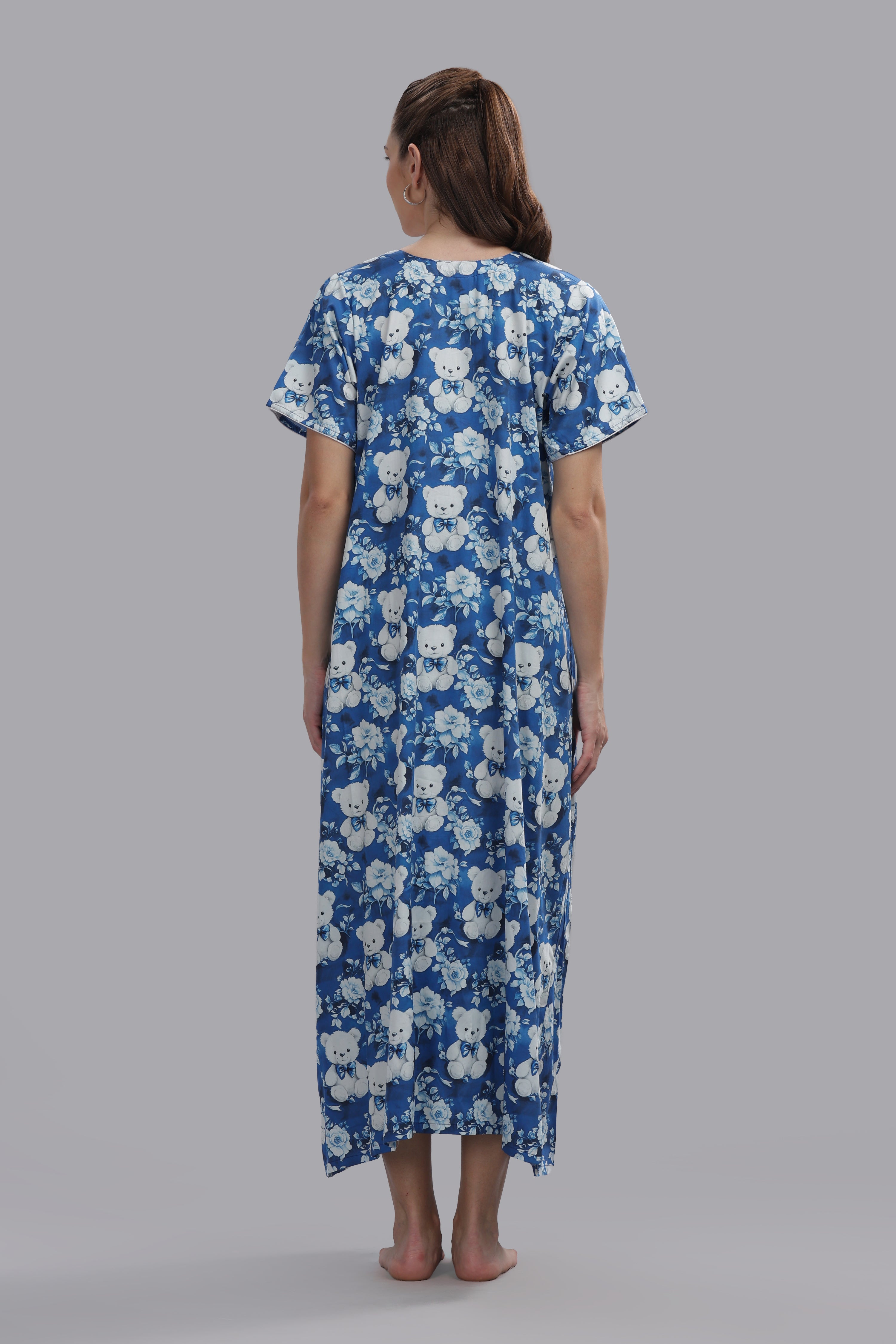 Beary Cute Maternity Gown -Pure Cotton Round Neck Gown with 2 Invisible Zips for Feeding