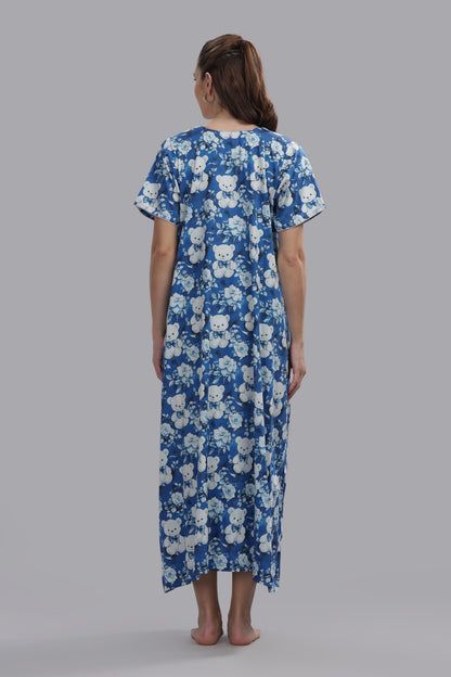 Beary Cute Maternity Gown -Pure Cotton Round Neck Gown with 2 Invisible Zips for Feeding
