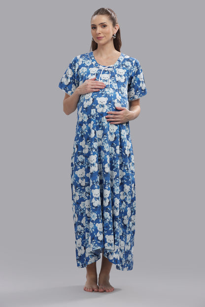 Beary Cute Maternity Gown -Pure Cotton Round Neck Gown with 2 Invisible Zips for Feeding