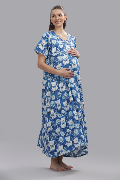 Beary Cute Maternity Gown -Pure Cotton Round Neck Gown with 2 Invisible Zips for Feeding