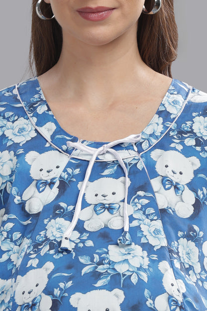 Beary Cute Maternity Gown -Pure Cotton Round Neck Gown with 2 Invisible Zips for Feeding