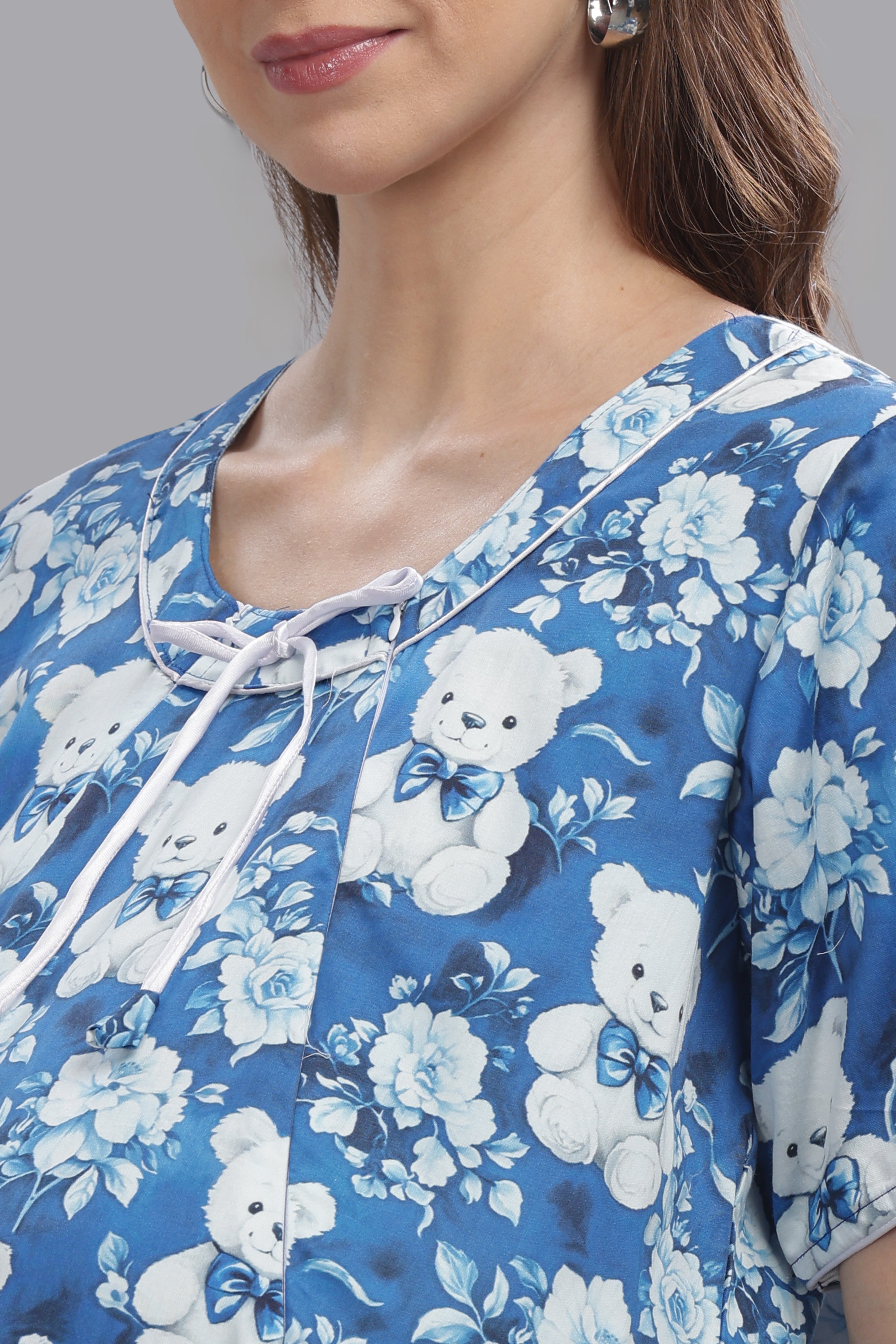 Beary Cute Maternity Gown -Pure Cotton Round Neck Gown with 2 Invisible Zips for Feeding