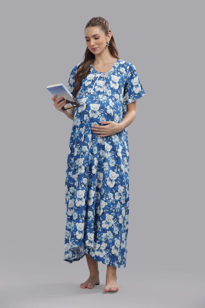 Beary Cute Maternity Gown -Pure Cotton Round Neck Gown with 2 Invisible Zips for Feeding