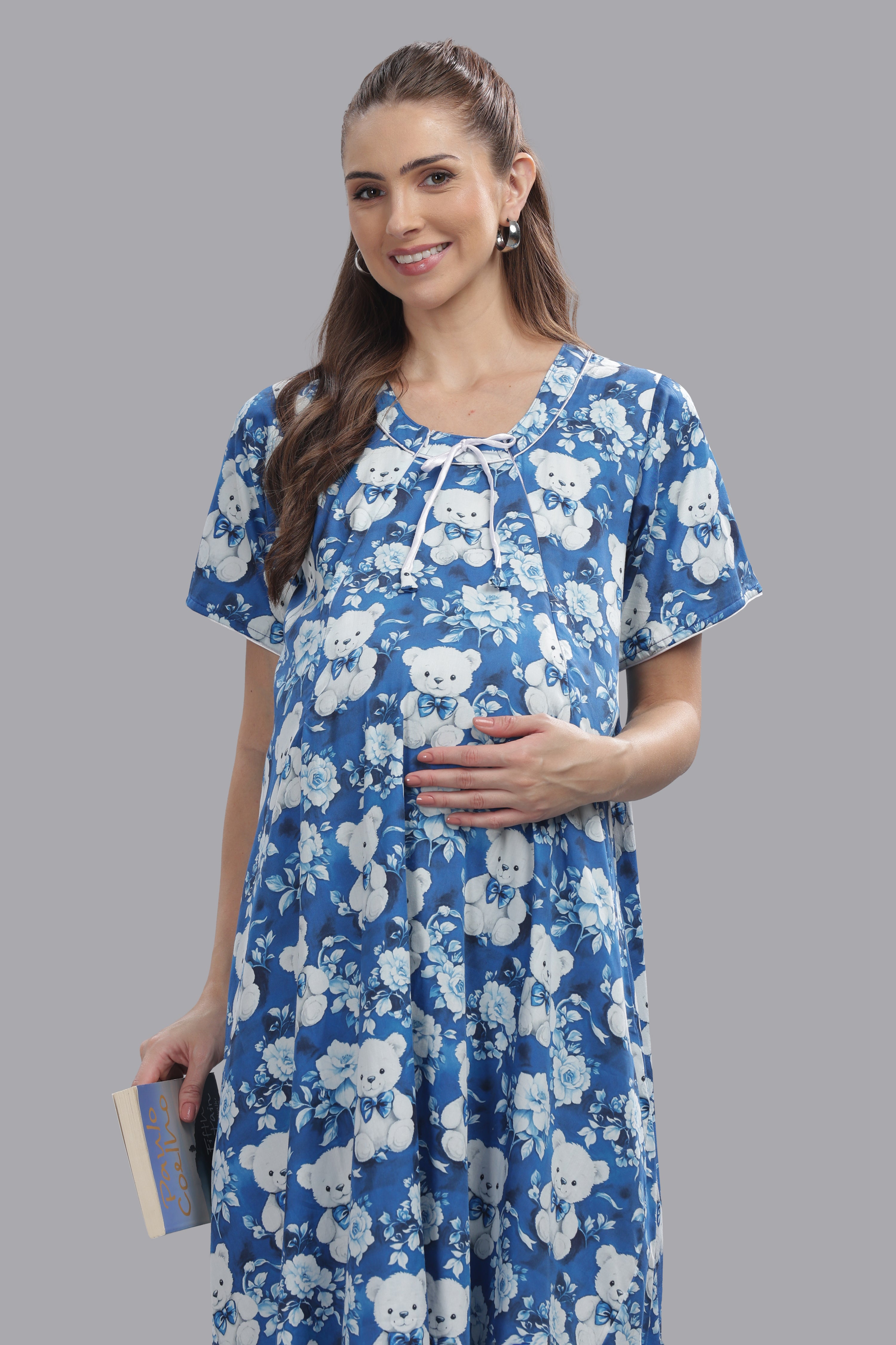 Beary Cute Maternity Gown -Pure Cotton Round Neck Gown with 2 Invisible Zips for Feeding
