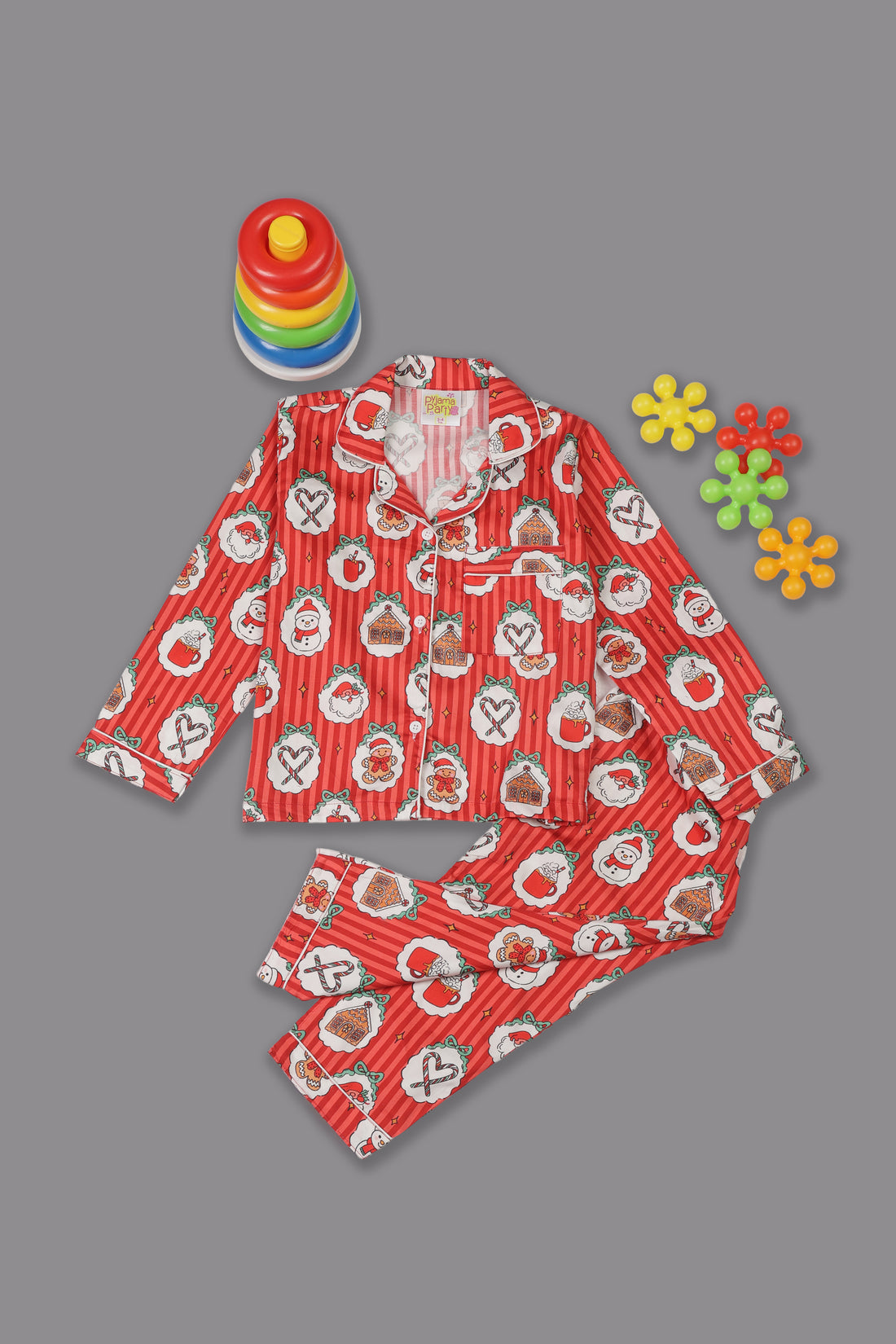 Christmas Carnival Kids Button Down Pj Set - Pure Cotton Pj Set with Notched Collar