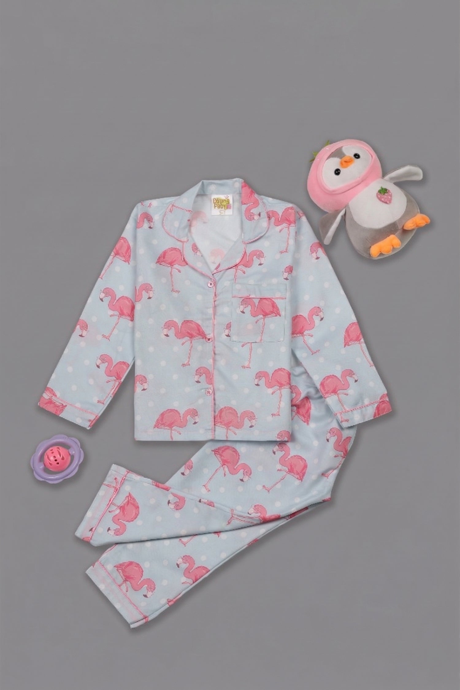 Flamingo &amp; Dots Kids Pj Set - Cotton Rayon Pj Set with Notched Collar