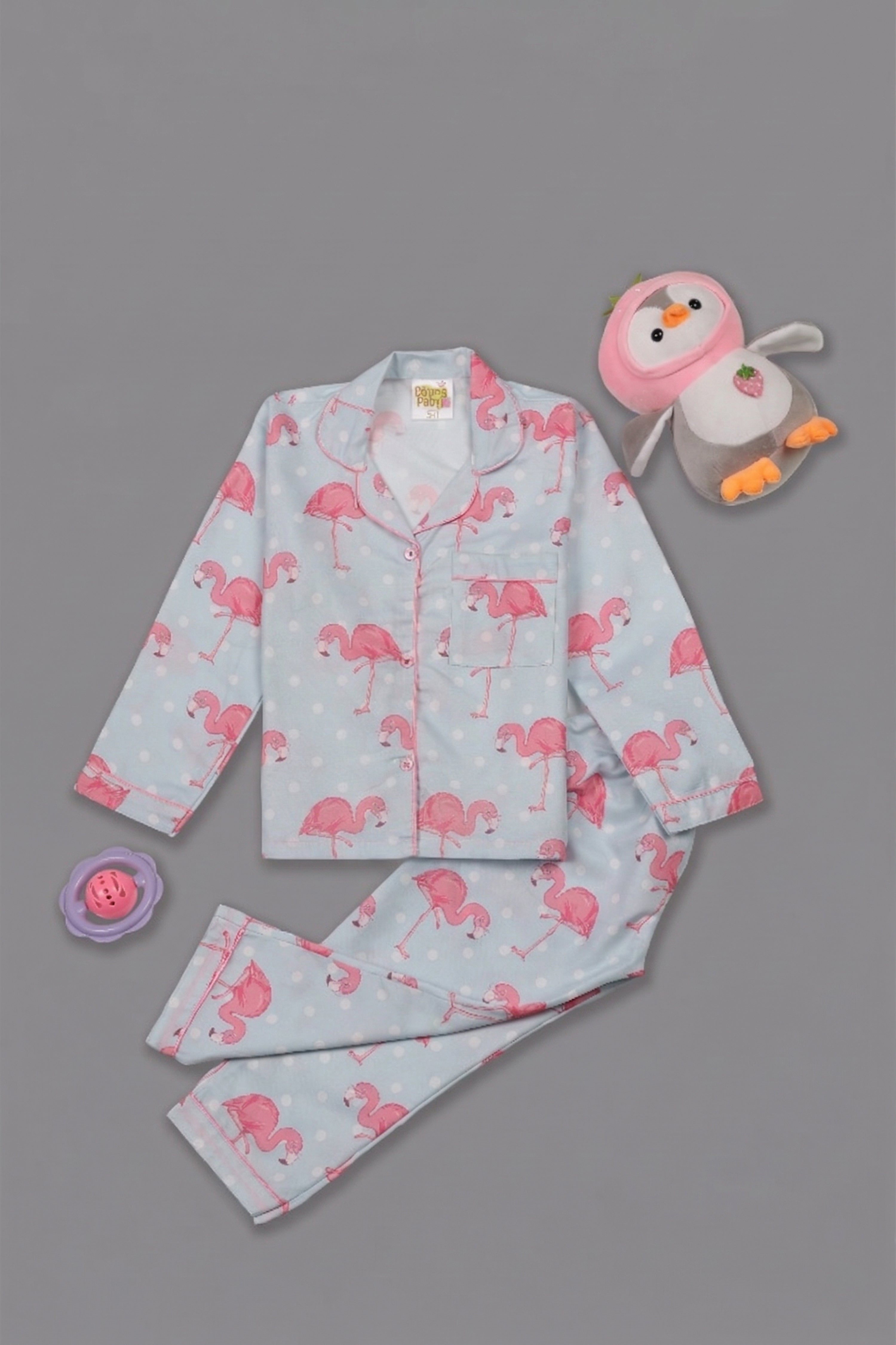 Flamingo &amp; Dots Kids Pj Set - Cotton Rayon Pj Set with Notched Collar