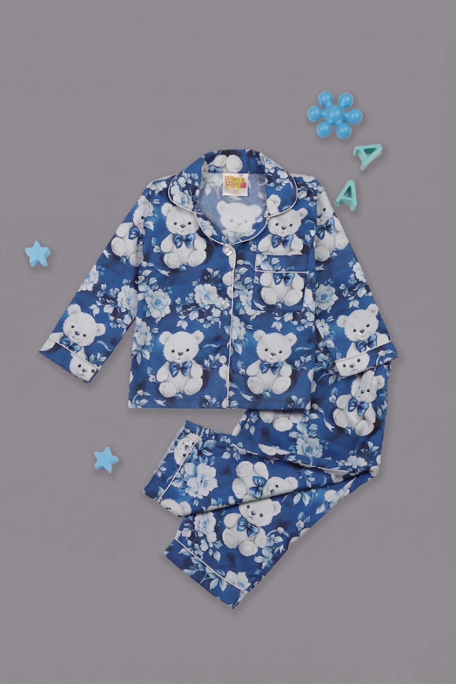 Beary Cute Kids Button Down Pj Set - Pure Cotton Pj Set with Notched Collar