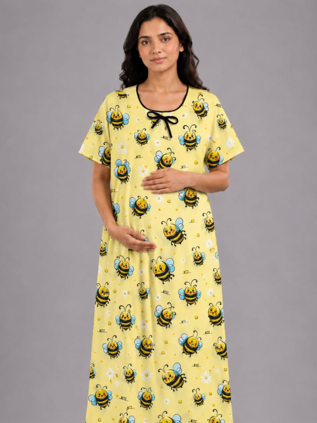 Bumblebee Maternity Gown - Pure Cotton Round Neck Gown with 2 Invisible Zips for Feeding