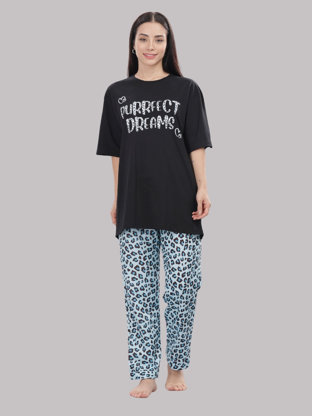 Purrfect Dreams T-shirt Pj Set - Oversized Tshirt with Pj Combo