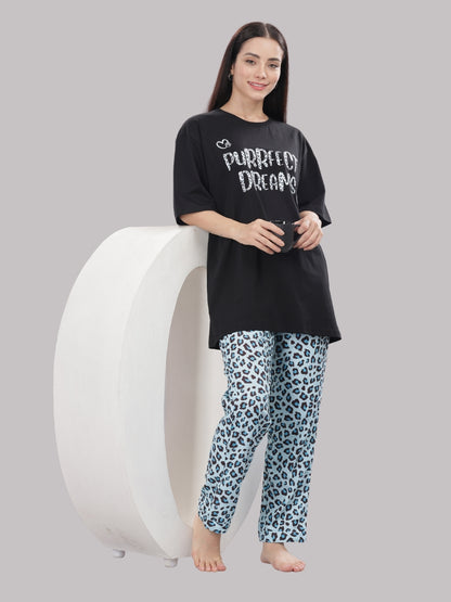 Purrfect Dreams T-shirt Pj Set - Oversized Tshirt with Pj Combo