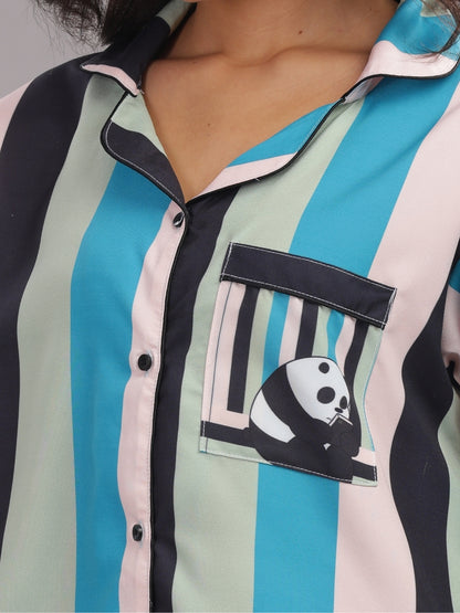 Busy Panda Button Down Pj Set - Cotton Rayon Pj Set with Notched Collar