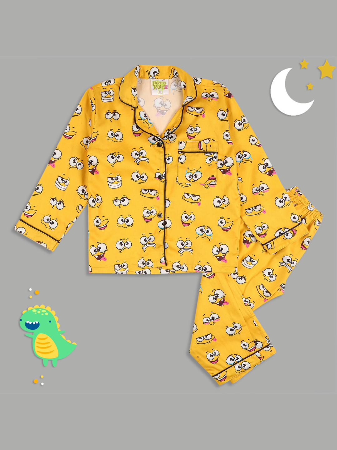 Smiley Kids Button Down Pj Set - Pure Cotton Pj Set with Notched Collar