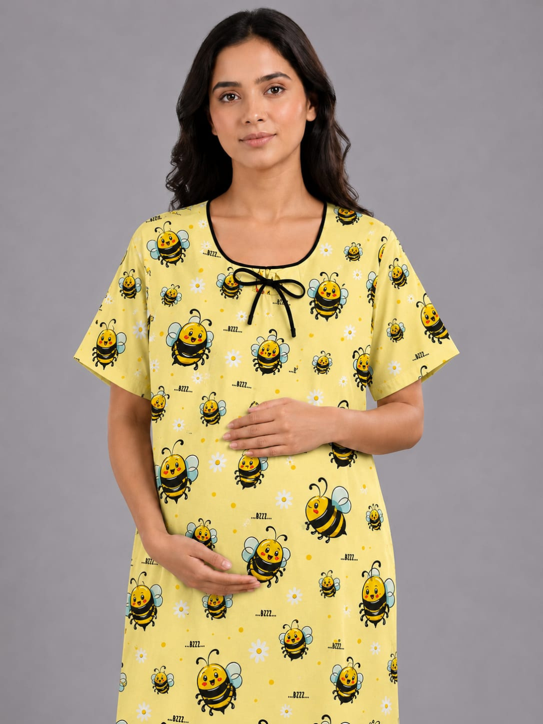 Bumblebee Maternity Gown - Pure Cotton Round Neck Gown with 2 Invisible Zips for Feeding